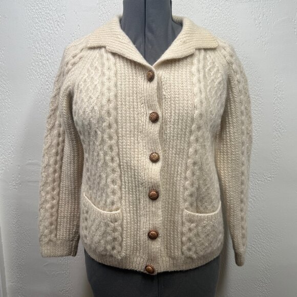Vintage Wool Cable Knit Cardigan Sweater Cream Button Front Pockets Heavyweight - Picture 1 of 16